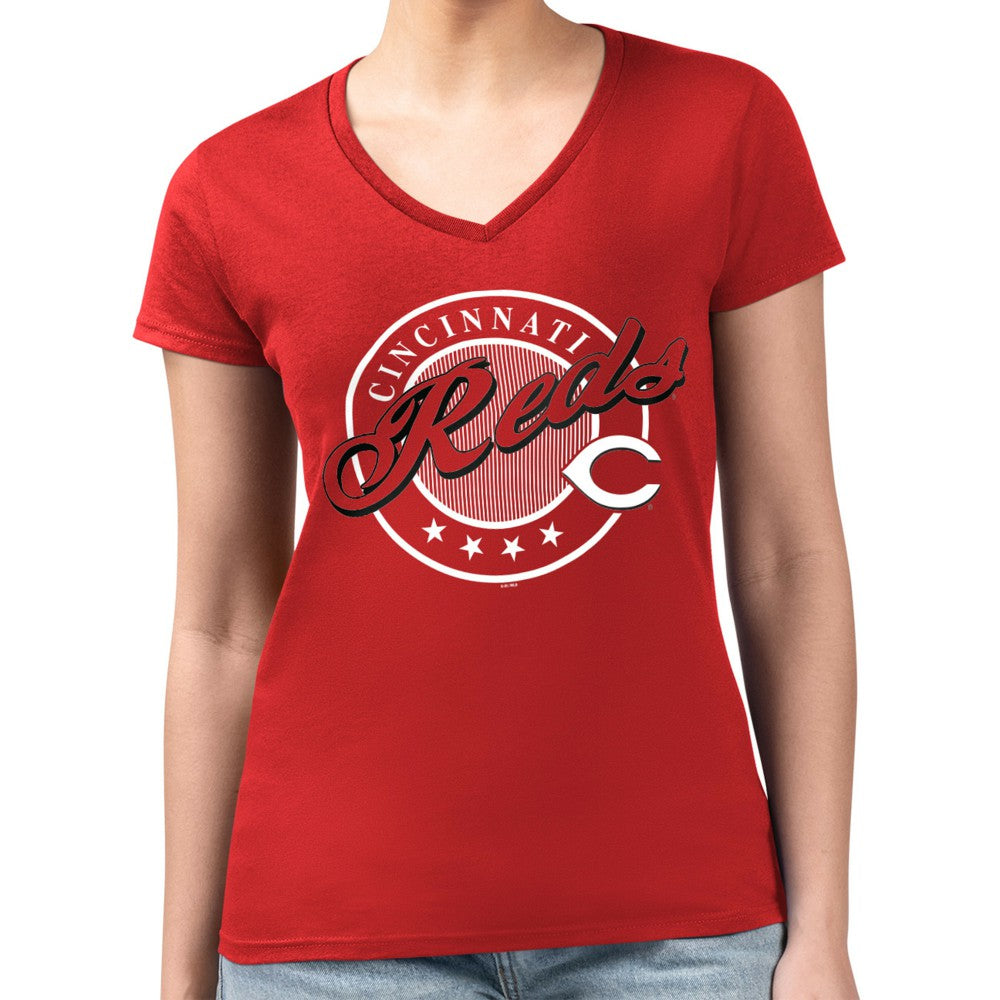 Cincinnati Reds G-III 4Her by Carl Banks Women's Super-Slim Fit Lightweight Pinstripe Circle V-Neck T-Shirt - Red T-shirts