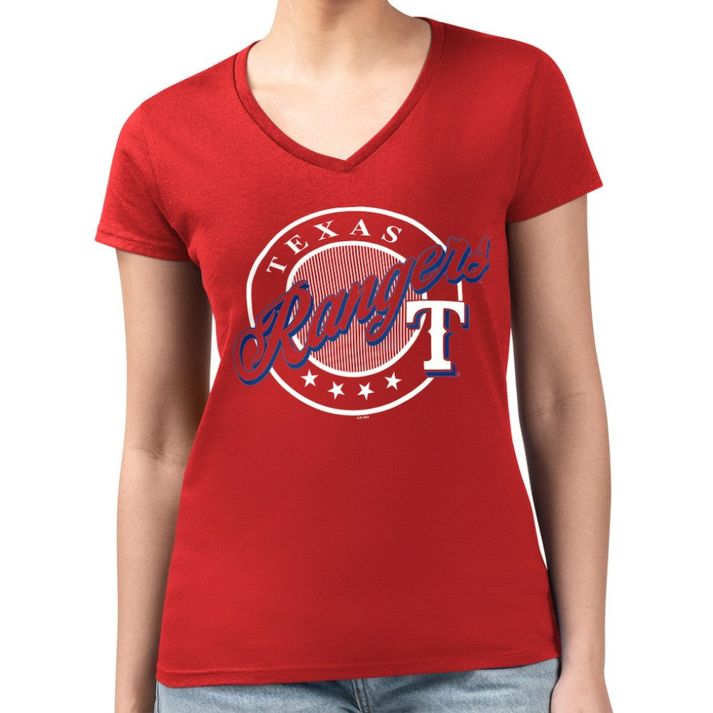 Texas Rangers G-III 4Her by Carl Banks Women's Super-Slim Fit Lightweight Pinstripe Circle V-Neck T-Shirt - Red T-shirts