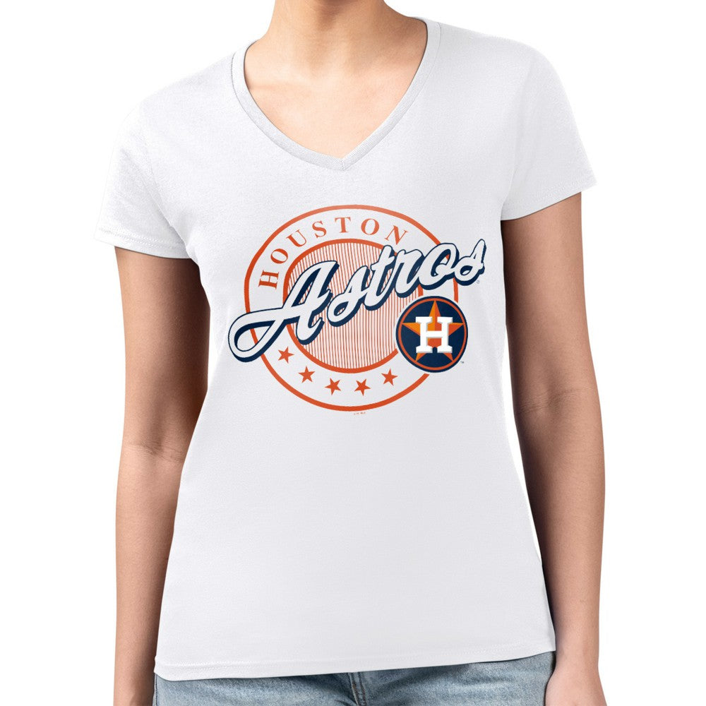 Houston Astros G-III 4Her by Carl Banks Women's Super-Slim Fit Lightweight Pinstripe Circle V-Neck T-Shirt - White T-shirts