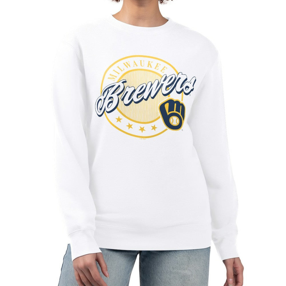 Milwaukee Brewers G-III 4Her by Carl Banks Women's Pinstripe Circle Team Fleece Pullover Sweatshirt - White Pullover