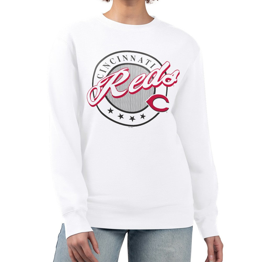 Cincinnati Reds G-III 4Her by Carl Banks Women's Pinstripe Circle Team Fleece Pullover Sweatshirt - White Pullover