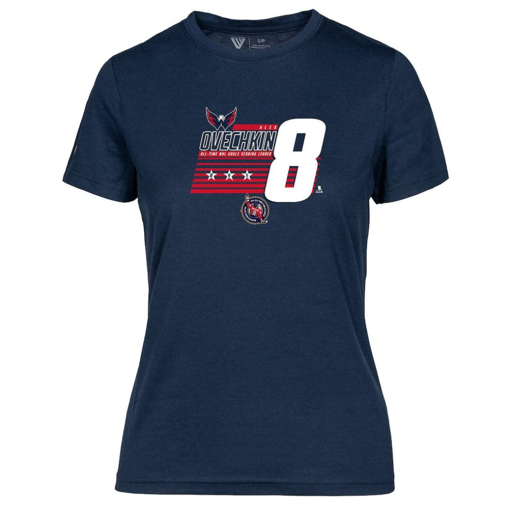 Alexander Ovechkin Washington Capitals Levelwear Women's NHL All-Time Leading Goal Scorer Milestone Stripes Name & Number Maddox T-Shirt - Navy | US 203056592