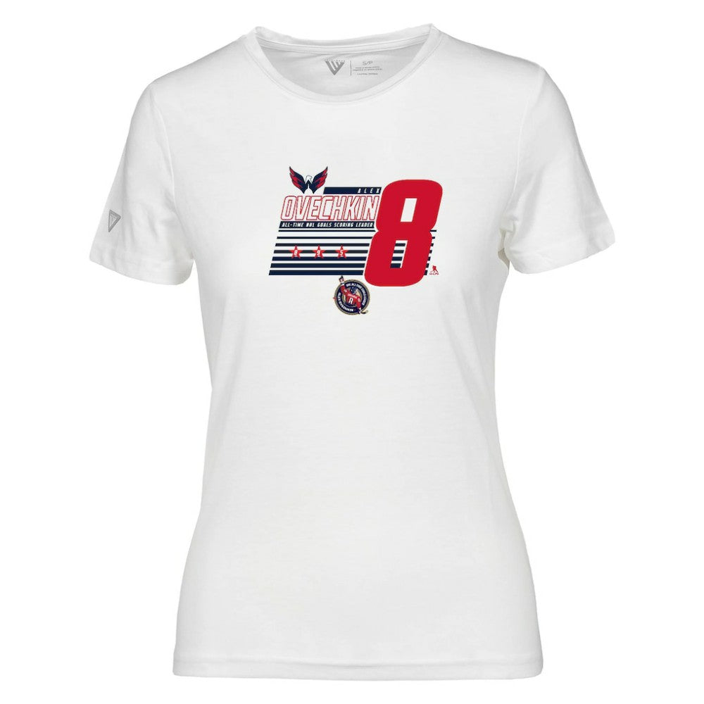 Alexander Ovechkin Washington Capitals Levelwear Women's NHL All-Time Leading Goal Scorer Milestone Stripes Name & Number Maddox T-Shirt - White | US 203056594
