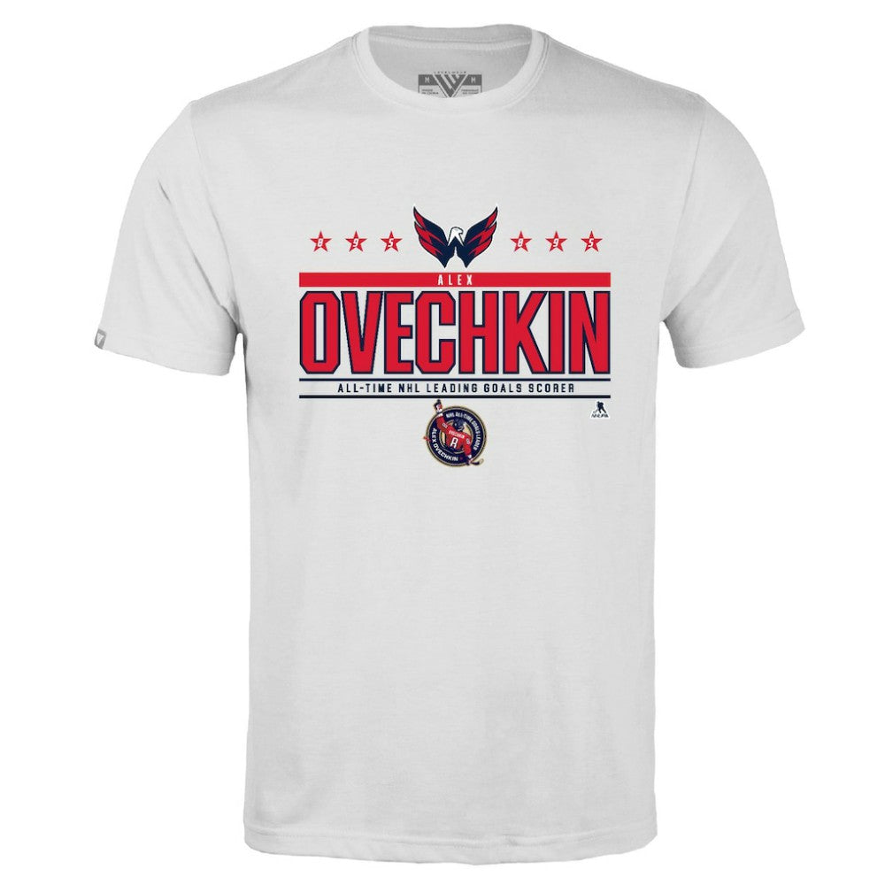 Alexander Ovechkin Washington Capitals Levelwear NHL All-Time Leading Goal Scorer Milestone Stars Name & Number Richmond T-Shirt - White | US 203056603