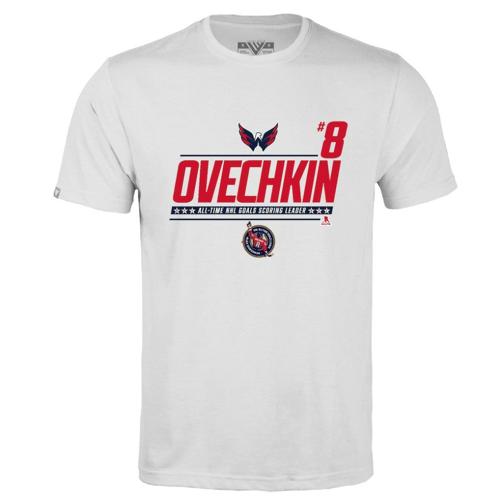 Alexander Ovechkin Washington Capitals Levelwear NHL All-Time Leading Goal Scorer Milestone Name & Number Richmond T-Shirt - White | US 203056605