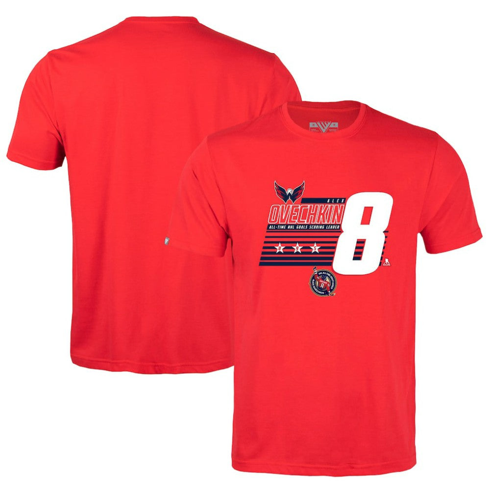 Alexander Ovechkin Washington Capitals Levelwear NHL All-Time Leading Goal Scorer Milestone Stripes Name & Number Richmond T-Shirt - Red | US 203056607