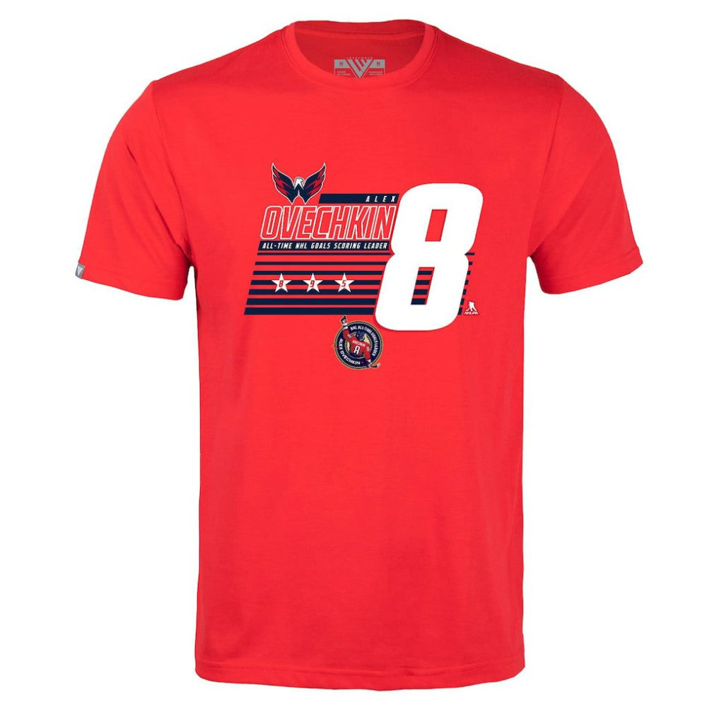 Alexander Ovechkin Washington Capitals Levelwear NHL All-Time Leading Goal Scorer Milestone Stripes Name & Number Richmond T-Shirt - Red | US 203056607