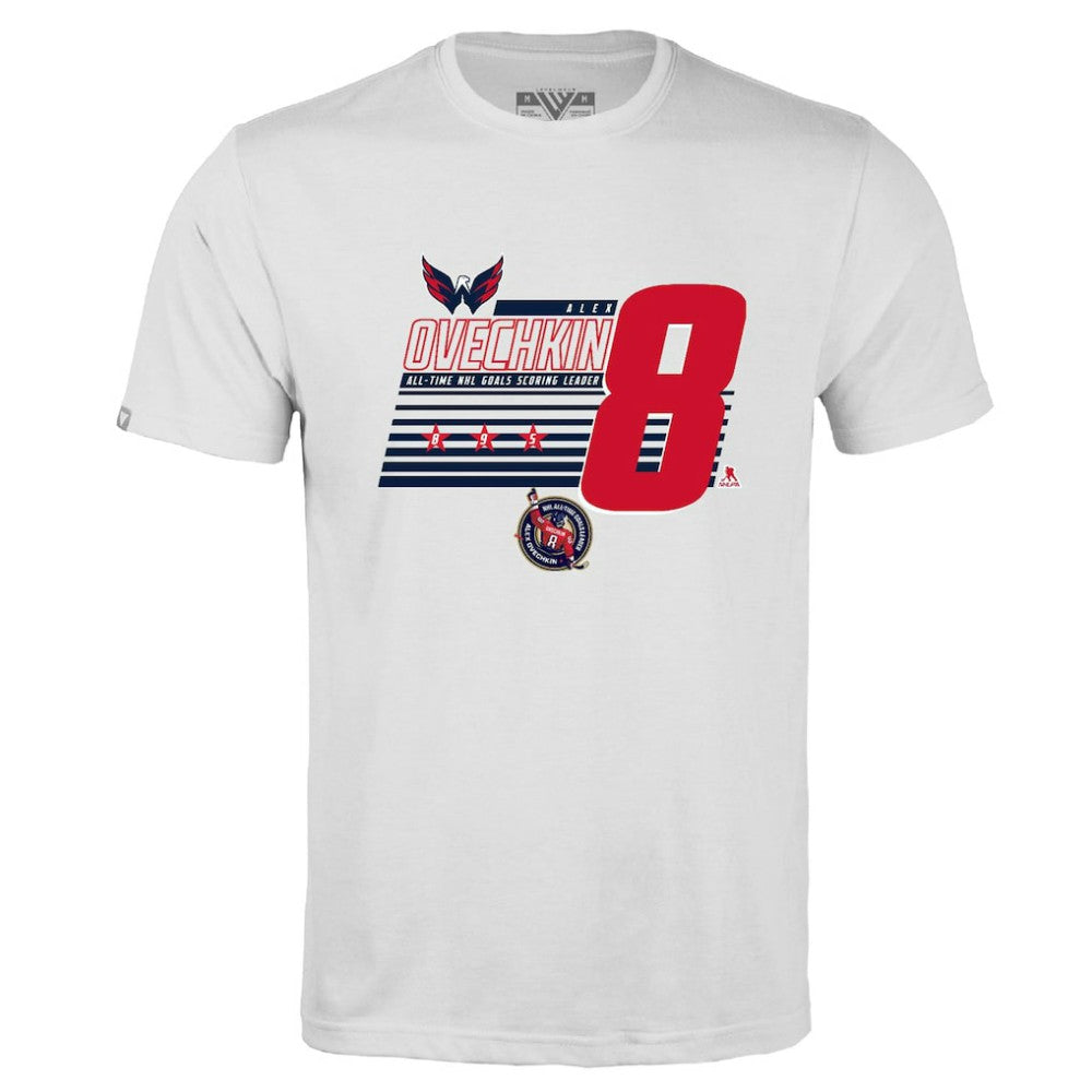 Alexander Ovechkin Washington Capitals Levelwear NHL All-Time Leading Goal Scorer Milestone Stripes Name & Number Richmond T-Shirt - White | US 203056608