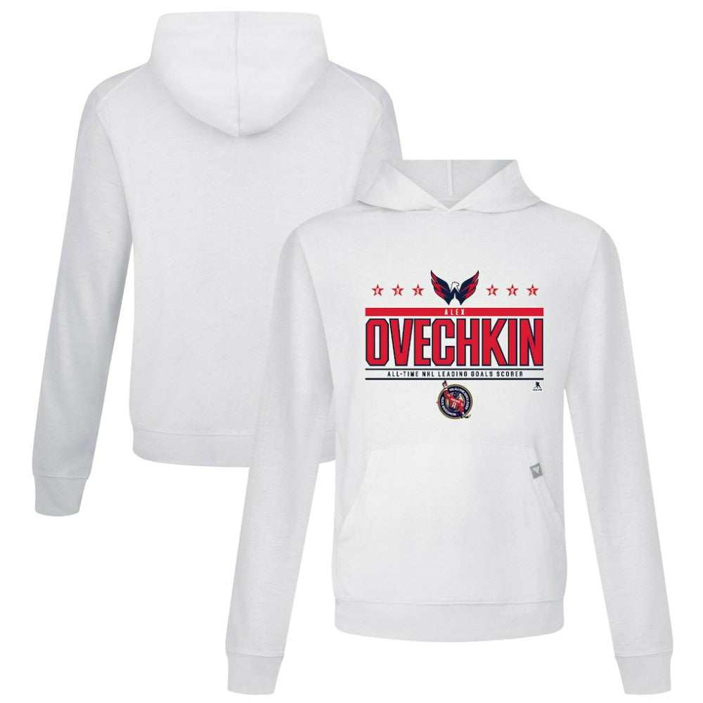 Alexander Ovechkin Washington Capitals Levelwear NHL All-Time Leading Goal Scorer Milestone Stars Name & Number Relay Pullover Hoodie - White | US 203056612