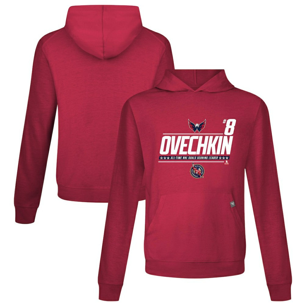 Alexander Ovechkin Washington Capitals Levelwear NHL All-Time Leading Goal Scorer Milestone Name & Number Relay Pullover Hoodie - Red | US 203056613