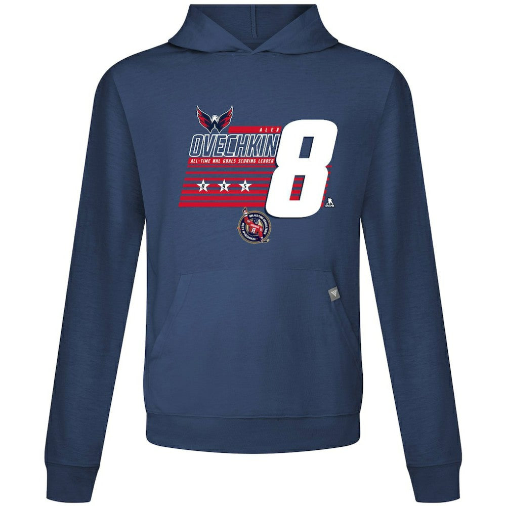 Alexander Ovechkin Washington Capitals Levelwear NHL All-Time Leading Goal Scorer Milestone Stripes Name & Number Relay Pullover Hoodie - Navy | US 203056615