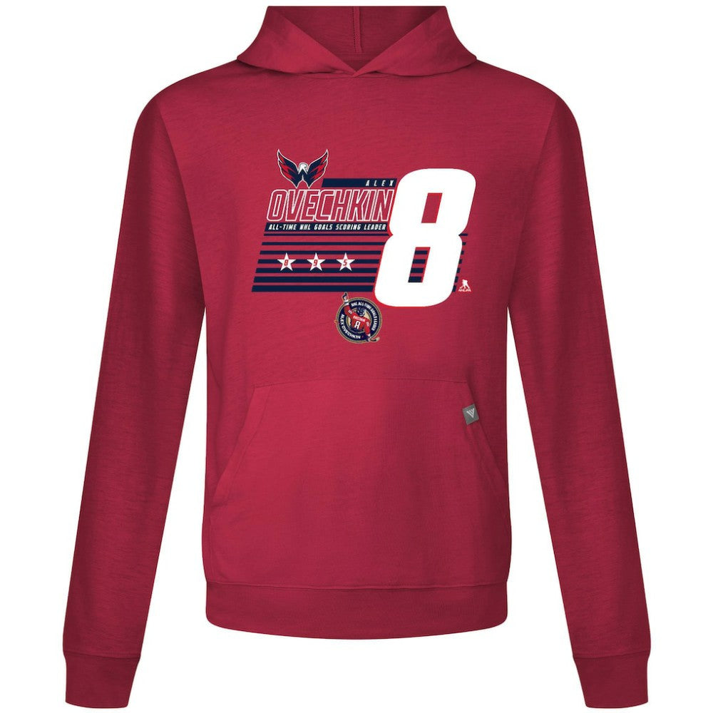 Alexander Ovechkin Washington Capitals Levelwear NHL All-Time Leading Goal Scorer Milestone Stripes Name & Number Relay Pullover Hoodie - Red | US 203056616