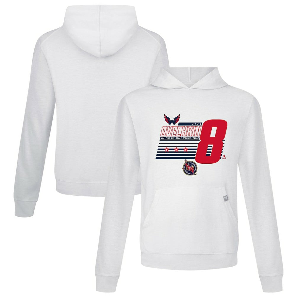 Alexander Ovechkin Washington Capitals Levelwear NHL All-Time Leading Goal Scorer Milestone Stripes Name & Number Relay Pullover Hoodie - White | US 203056617