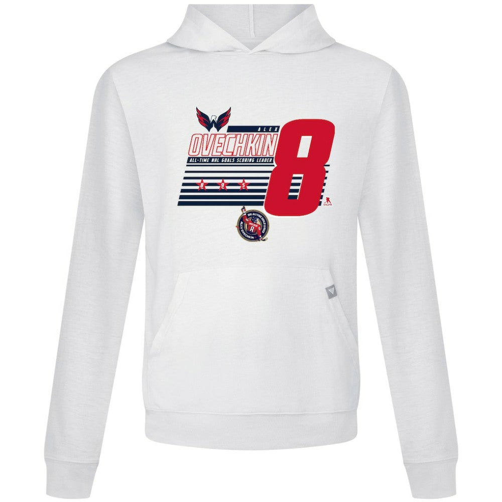 Alexander Ovechkin Washington Capitals Levelwear NHL All-Time Leading Goal Scorer Milestone Stripes Name & Number Relay Pullover Hoodie - White | US 203056617