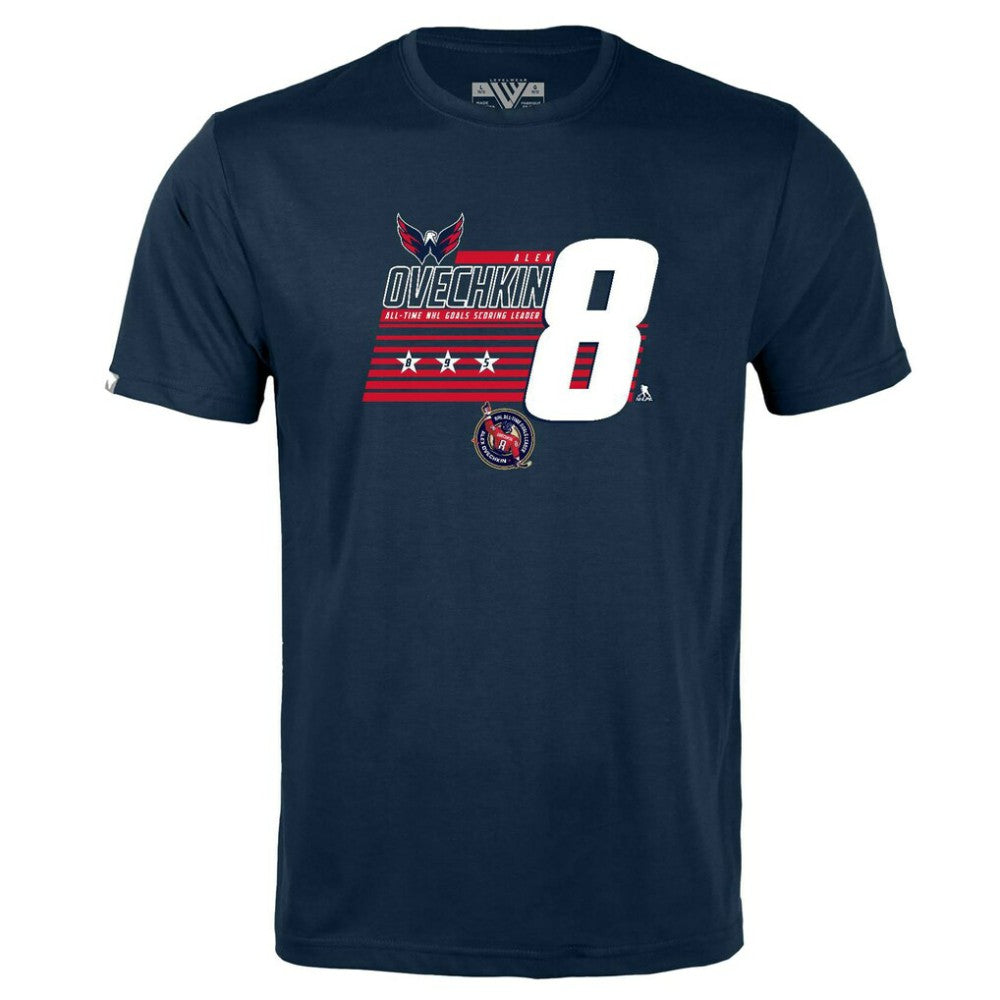Alexander Ovechkin Washington Capitals Levelwear Youth NHL All-Time Leading Goal Scorer Milestone Stripes Name & Number Little Richmond T-Shirt - Navy | US 203056619
