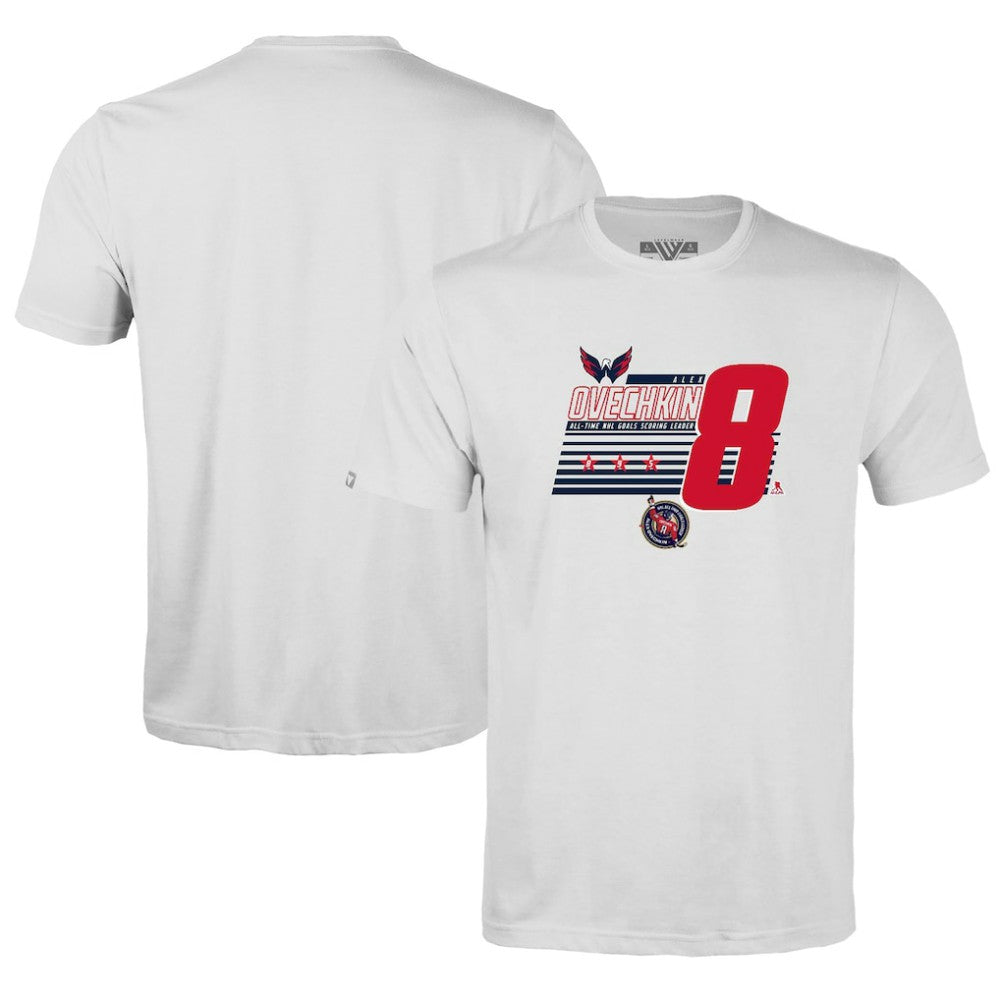 Alexander Ovechkin Washington Capitals Levelwear Youth NHL All-Time Leading Goal Scorer Milestone Stripes Name & Number Little Richmond T-Shirt - White | US 203056621
