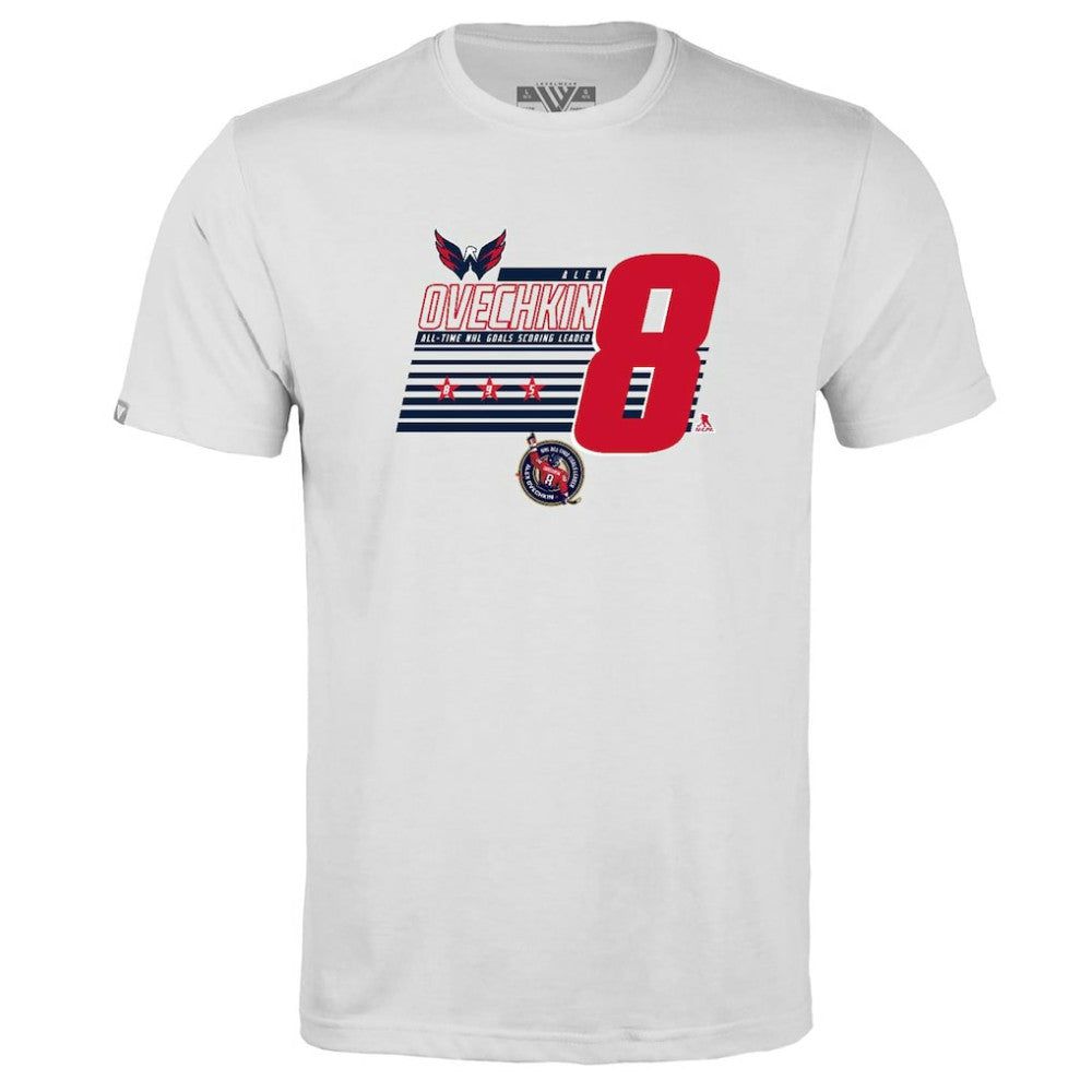 Alexander Ovechkin Washington Capitals Levelwear Youth NHL All-Time Leading Goal Scorer Milestone Stripes Name & Number Little Richmond T-Shirt - White | US 203056621