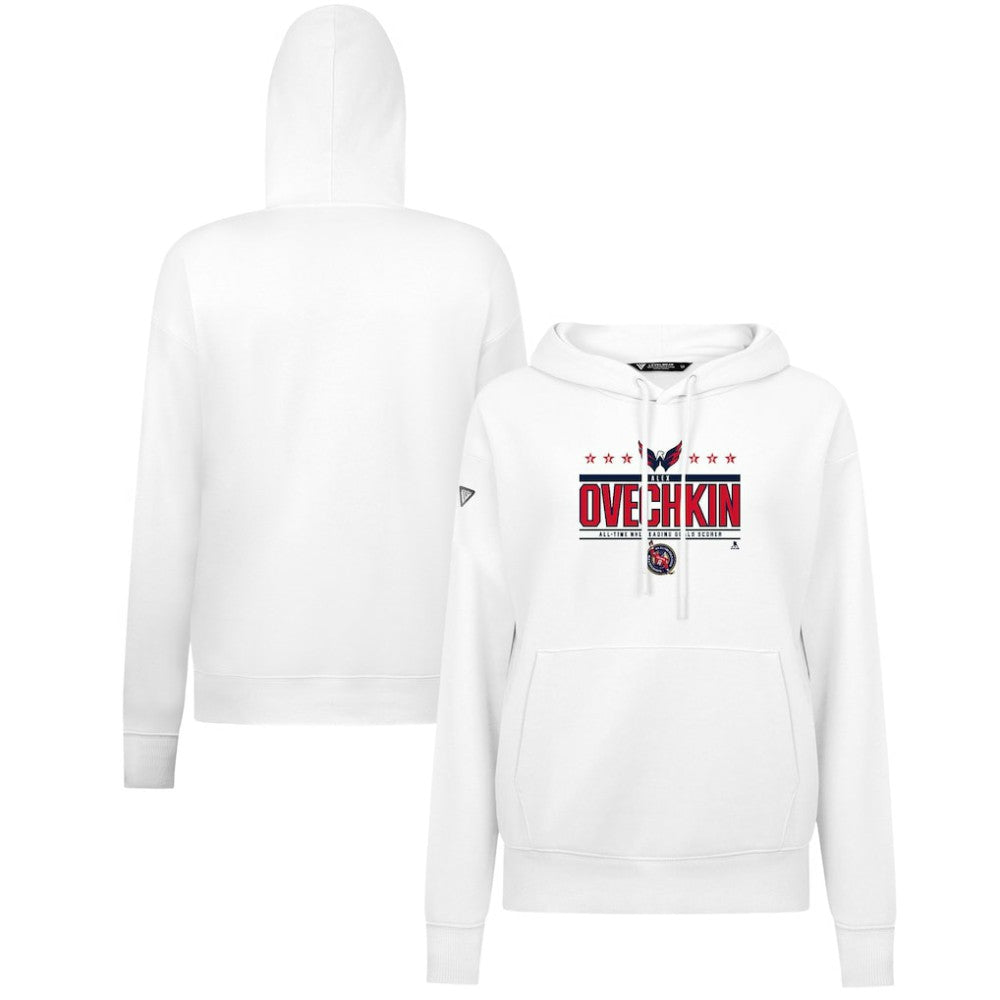 Alexander Ovechkin Washington Capitals Levelwear Women's NHL All-Time Leading Goal Scorer Milestone Stripes Name & Number Adorn Pullover Hoodie - White | US 203056633