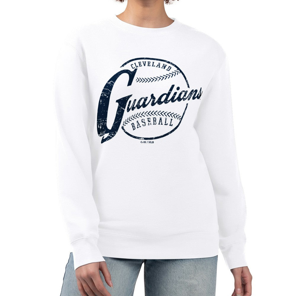 Cleveland Guardians G-III 4Her by Carl Banks Women's Distressed Baseball Team Fleece Pullover Sweatshirt - White Pullover