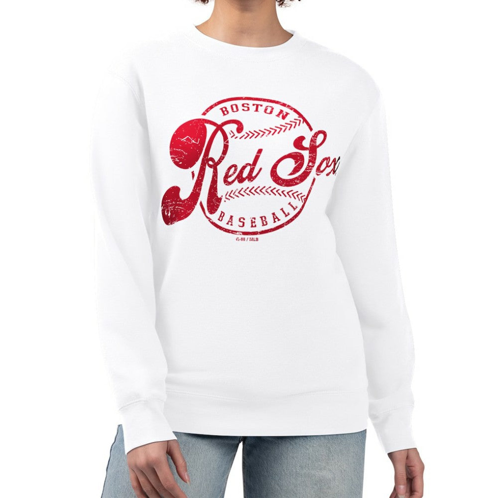 Boston Red Sox G-III 4Her by Carl Banks Women's Distressed Baseball Team Fleece Pullover Sweatshirt - White Pullover