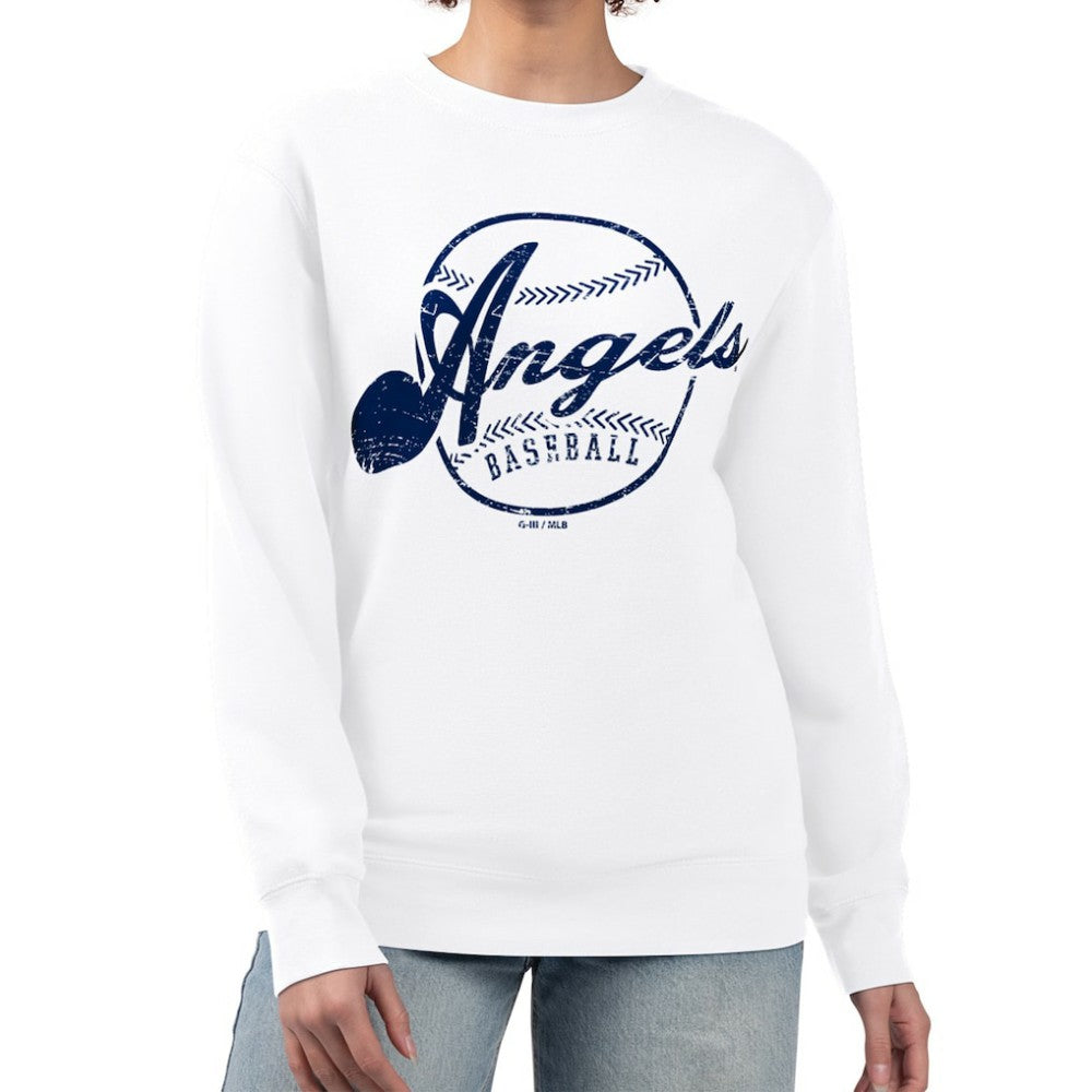 Los Angeles Angels G-III 4Her by Carl Banks Women's Distressed Baseball Team Fleece Pullover Sweatshirt - White Pullover