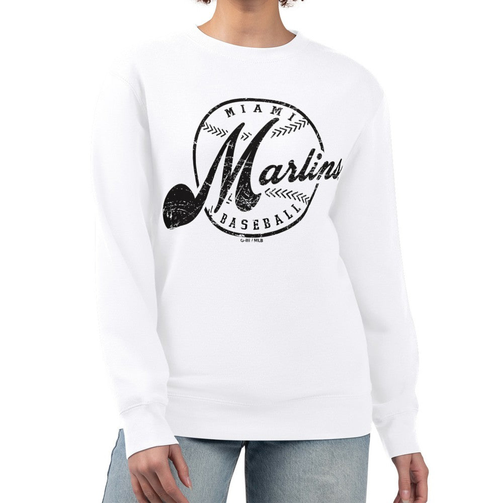Miami Marlins G-III 4Her by Carl Banks Women's Distressed Baseball Team Fleece Pullover Sweatshirt - White Pullover
