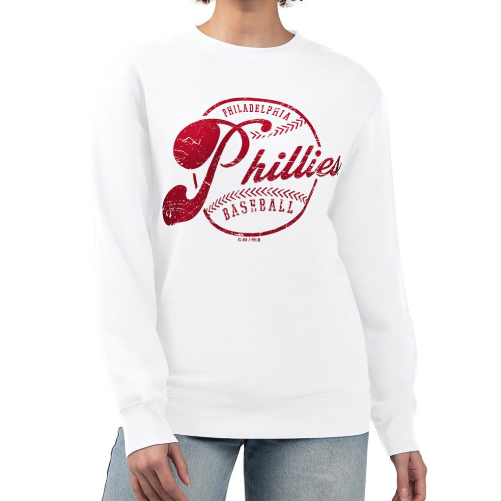 Philadelphia Phillies G-III 4Her by Carl Banks Women's Distressed Baseball Team Fleece Pullover Sweatshirt - White Pullover