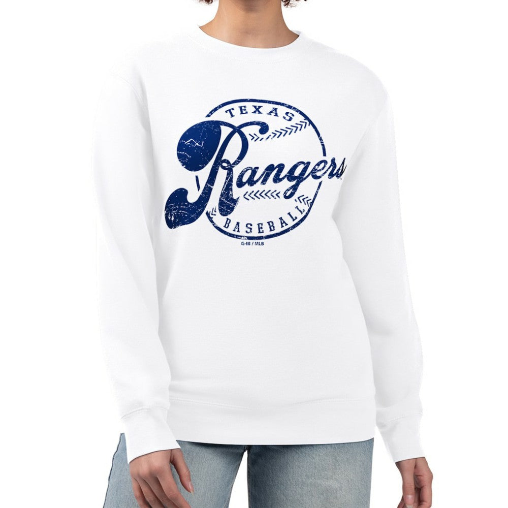 Texas Rangers G-III 4Her by Carl Banks Women's Distressed Baseball Team Fleece Pullover Sweatshirt - White Pullover