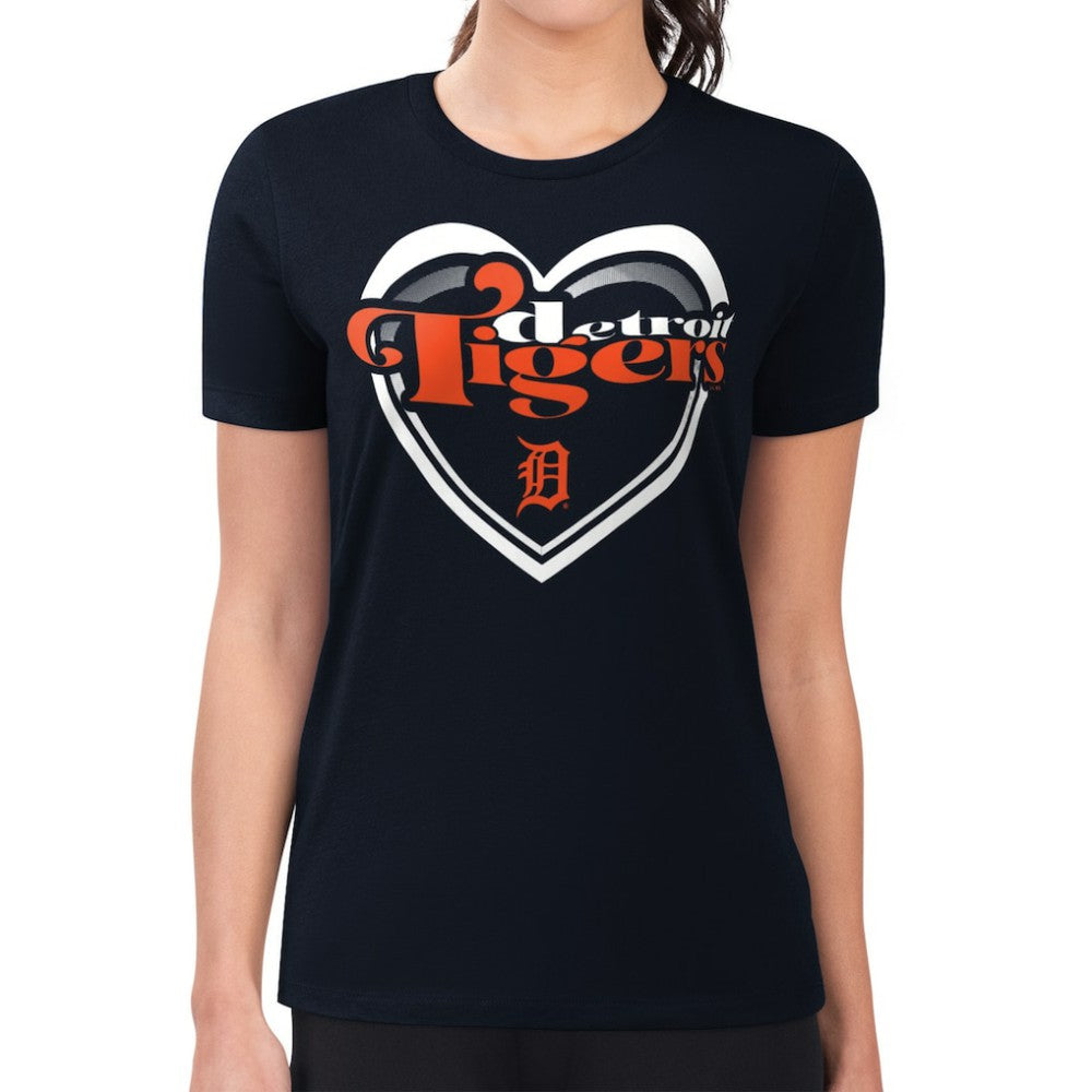 Detroit Tigers G-III 4Her by Carl Banks Women's Super-Slim Fit Lightweight Double Heart T-Shirt - Navy T-shirts