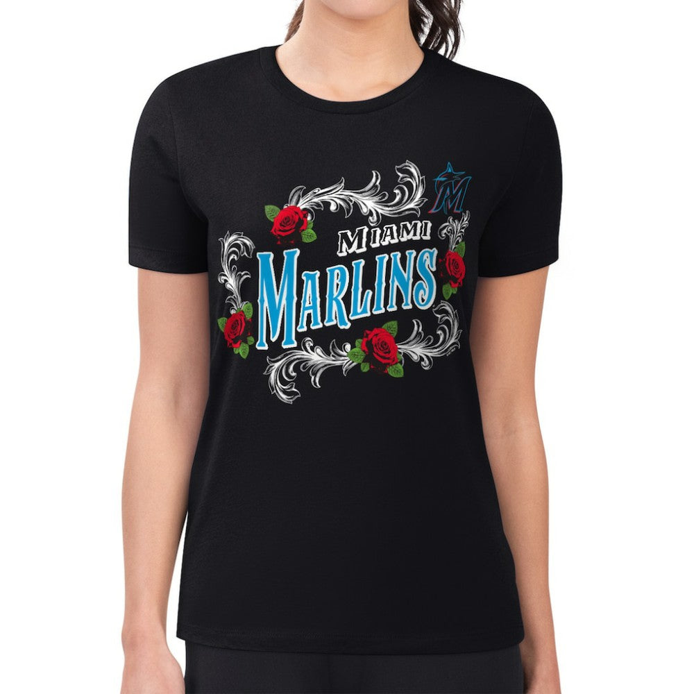 Miami Marlins G-III 4Her by Carl Banks Women's Super-Slim Fit Lightweight Retro Roses T-Shirt - Black T-shirts