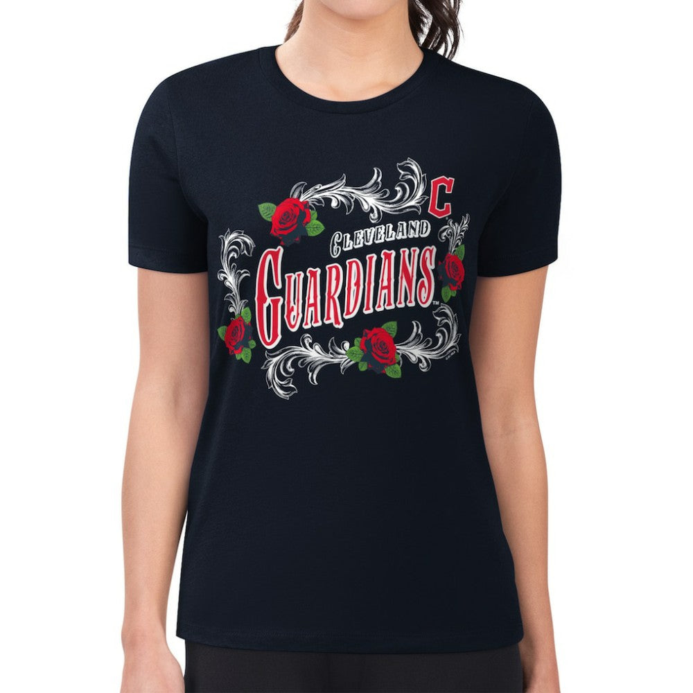 Cleveland Guardians G-III 4Her by Carl Banks Women's Super-Slim Fit Lightweight Retro Roses T-Shirt - Navy T-shirts