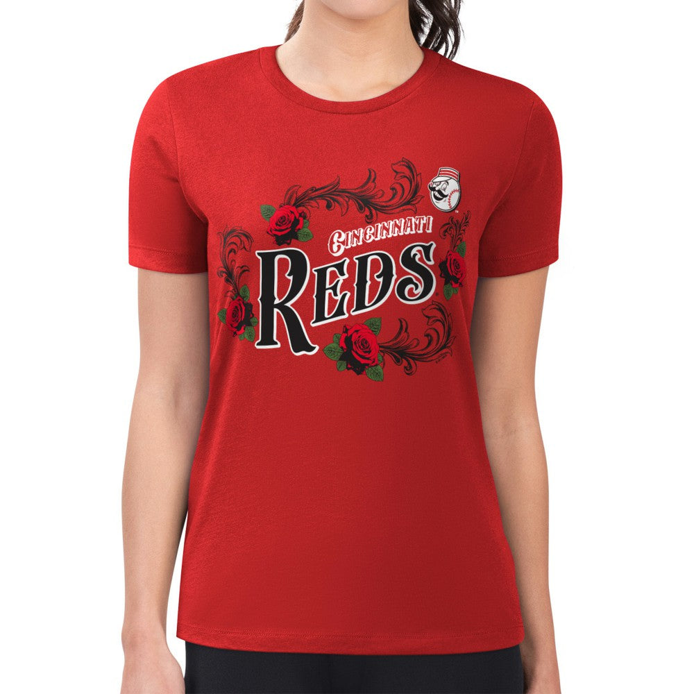 Cincinnati Reds G-III 4Her by Carl Banks Women's Super-Slim Fit Lightweight Retro Roses T-Shirt - Red T-shirts