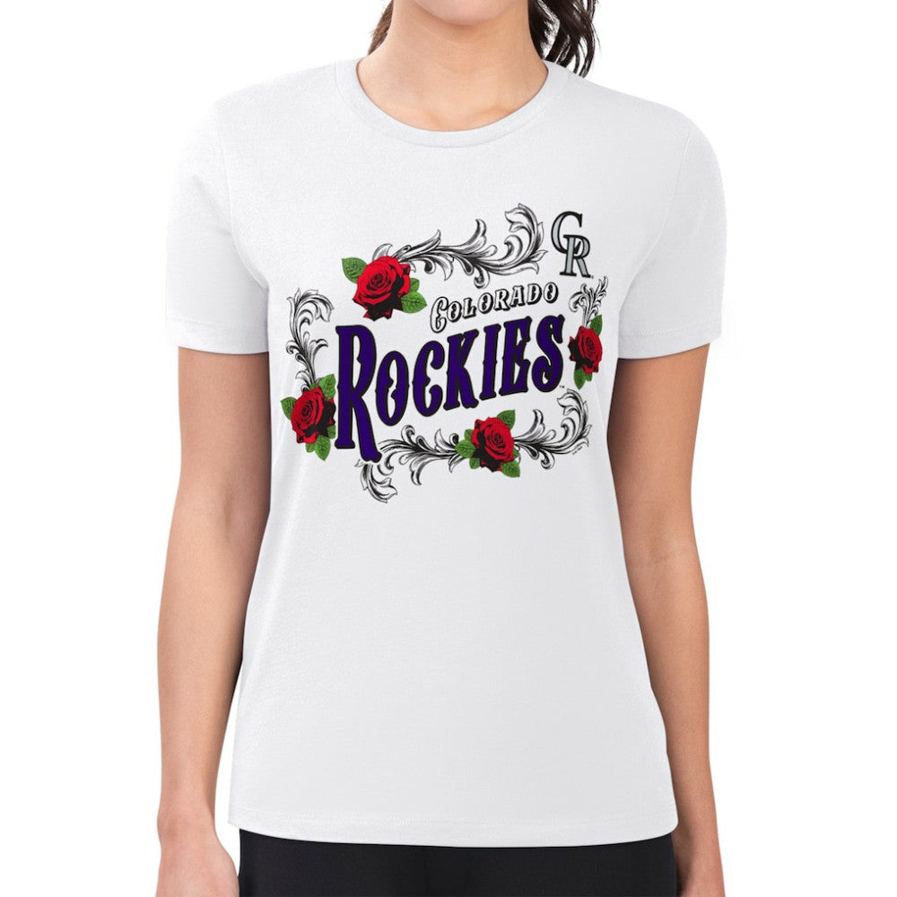 Colorado Rockies G-III 4Her by Carl Banks Women's Super-Slim Fit Lightweight Retro Roses T-Shirt - White T-shirts