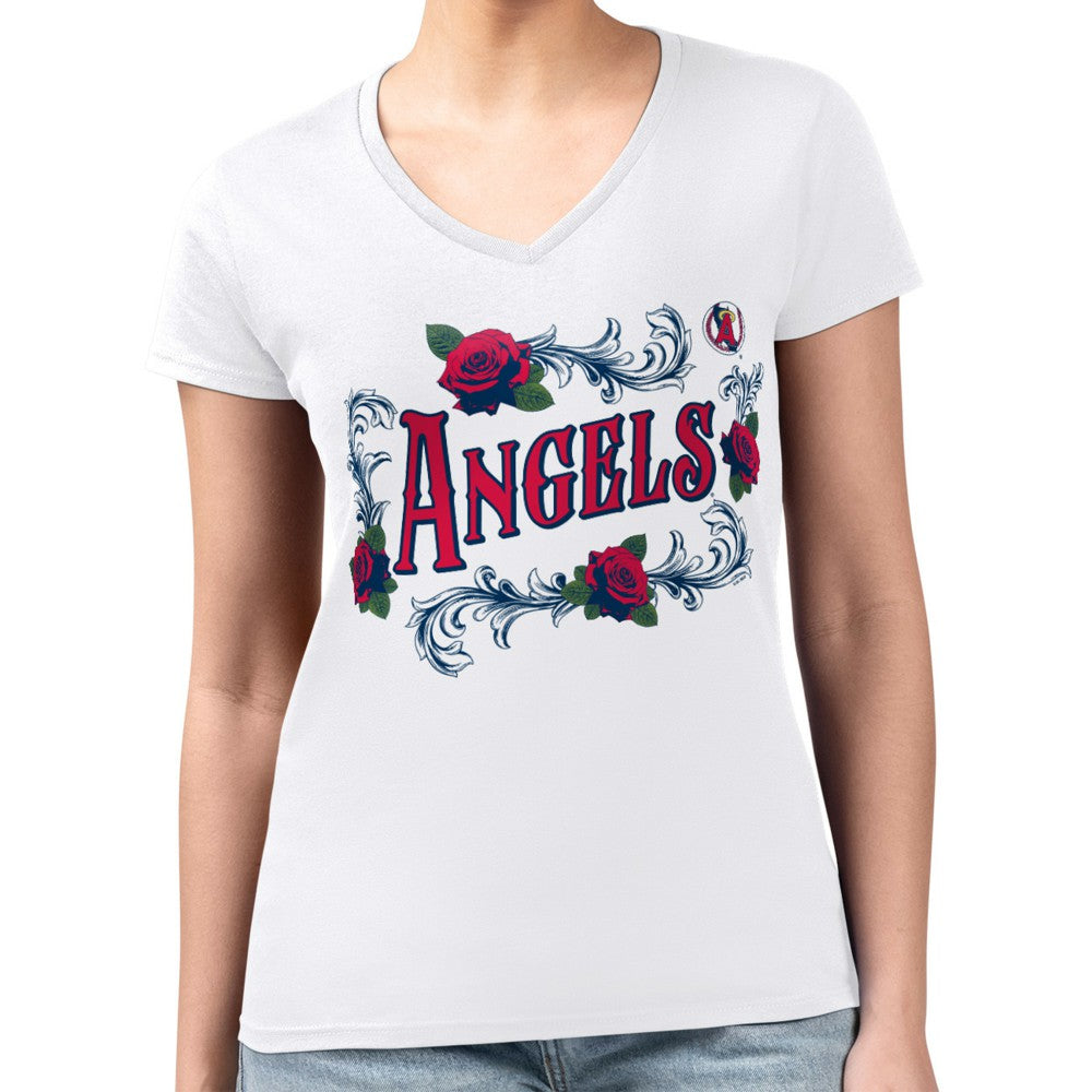 Los Angeles Angels G-III 4Her by Carl Banks Women's Super-Slim Fit Lightweight Retro Roses V-Neck T-Shirt - White T-shirts