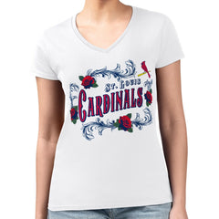 St. Louis Cardinals G-III 4Her by Carl Banks Women's Super-Slim Fit Lightweight Retro Roses V-Neck T-Shirt - White T-shirts