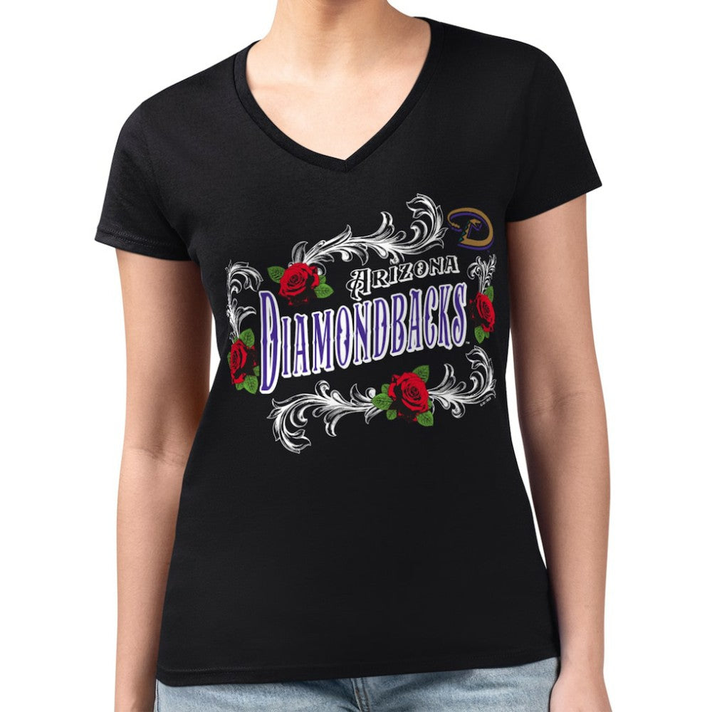 Arizona Diamondbacks G-III 4Her by Carl Banks Women's Super-Slim Fit Lightweight Retro Roses V-Neck T-Shirt - Black T-shirts