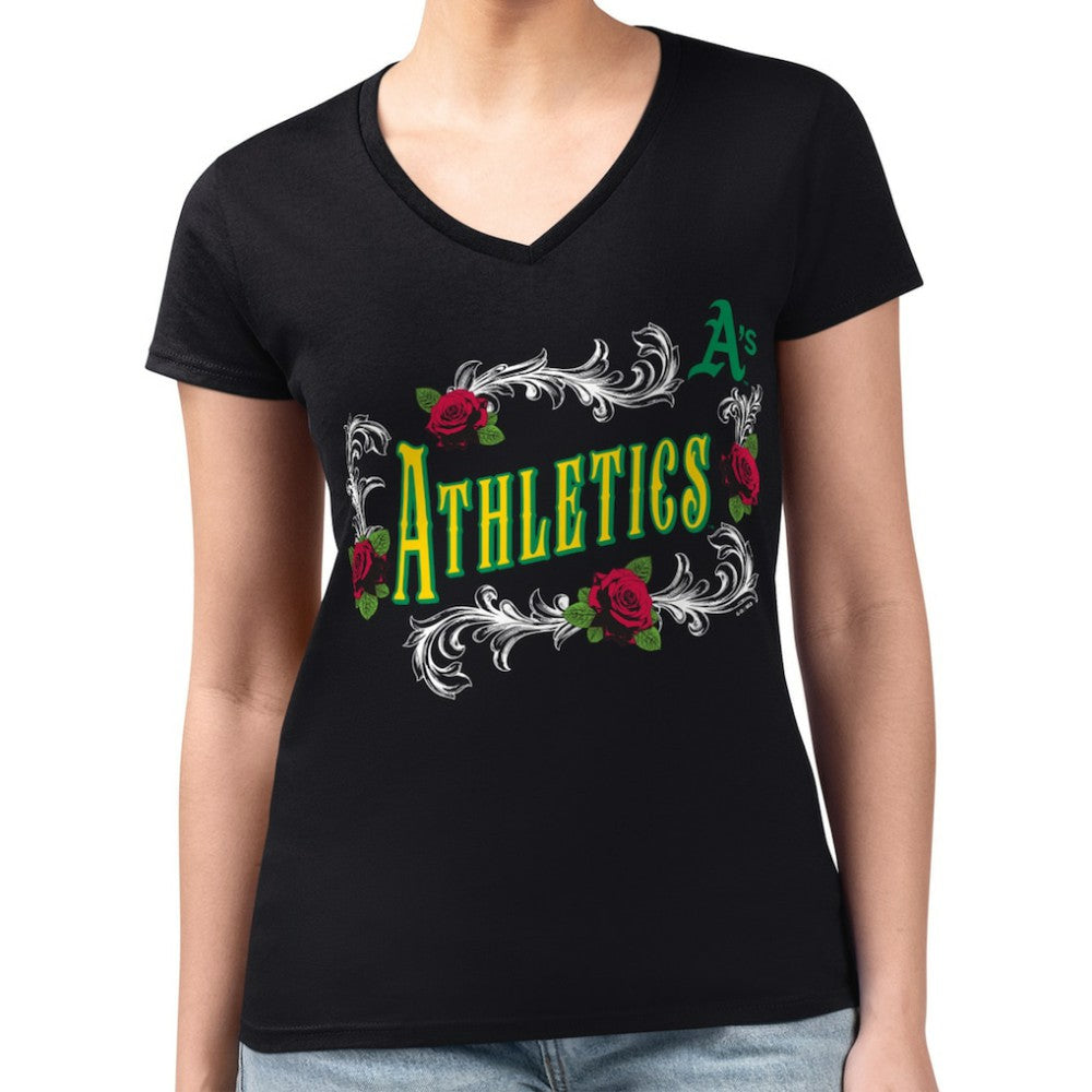 Athletics G-III 4Her by Carl Banks Women's Super-Slim Fit Lightweight Retro Roses V-Neck T-Shirt - Black T-shirts