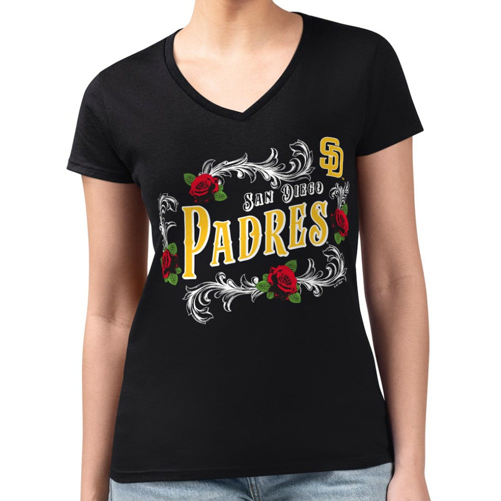 San Diego Padres G-III 4Her by Carl Banks Women's Super-Slim Fit Lightweight Retro Roses V-Neck T-Shirt - Black T-shirts