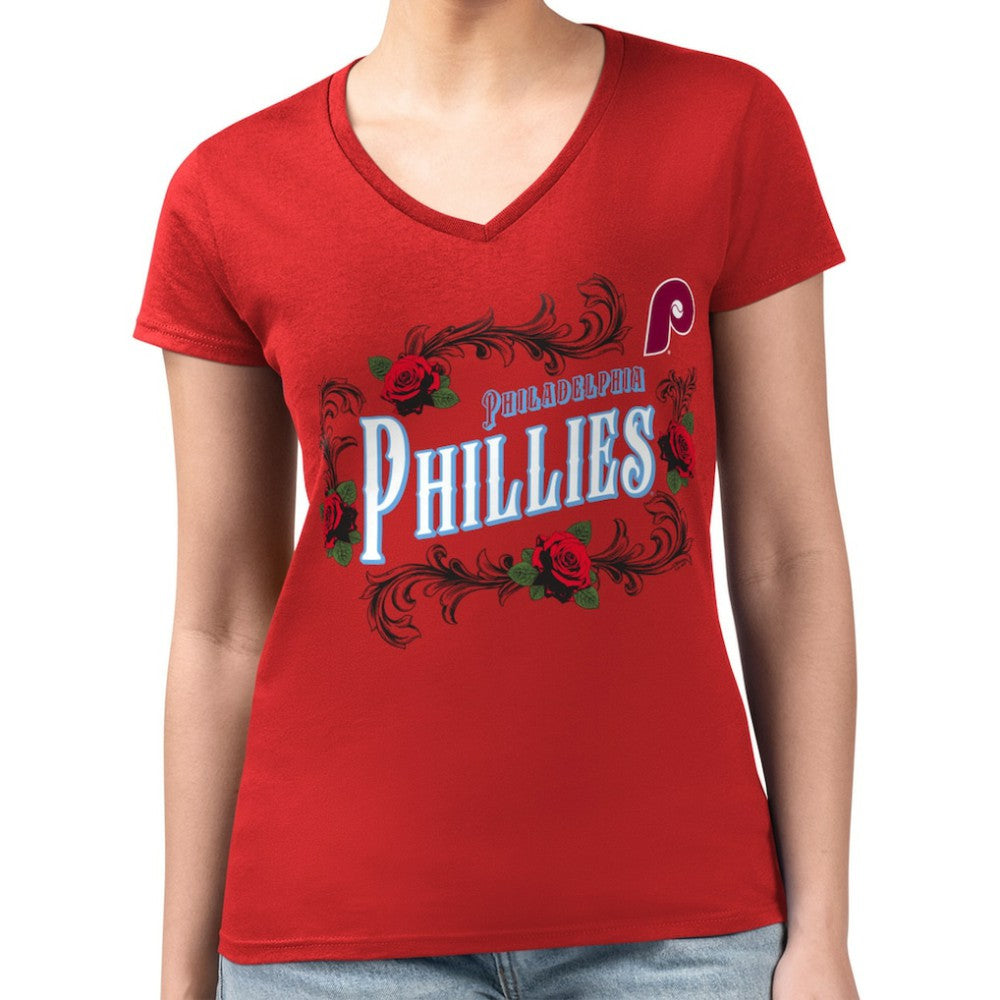 Philadelphia Phillies G-III 4Her by Carl Banks Women's Super-Slim Fit Lightweight Retro Roses V-Neck T-Shirt - Red T-shirts