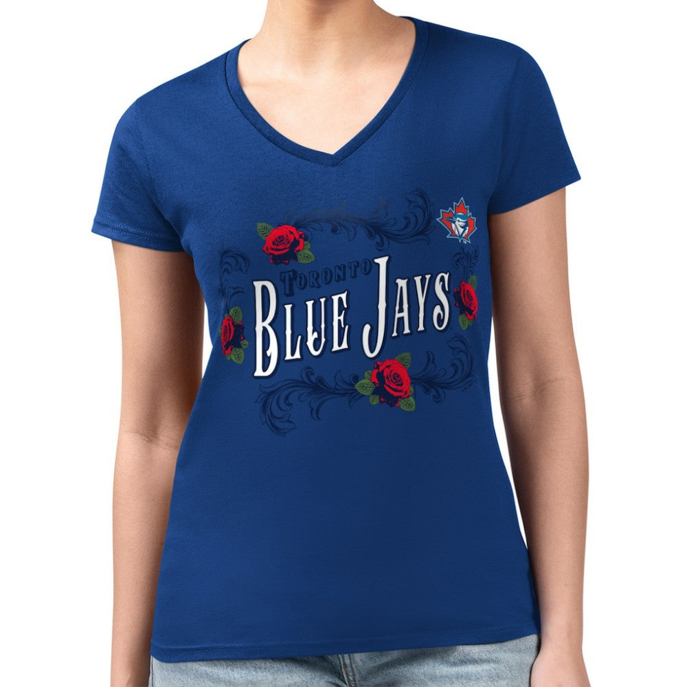Toronto Blue Jays G-III 4Her by Carl Banks Women's Super-Slim Fit Lightweight Retro Roses V-Neck T-Shirt - Royal T-shirts