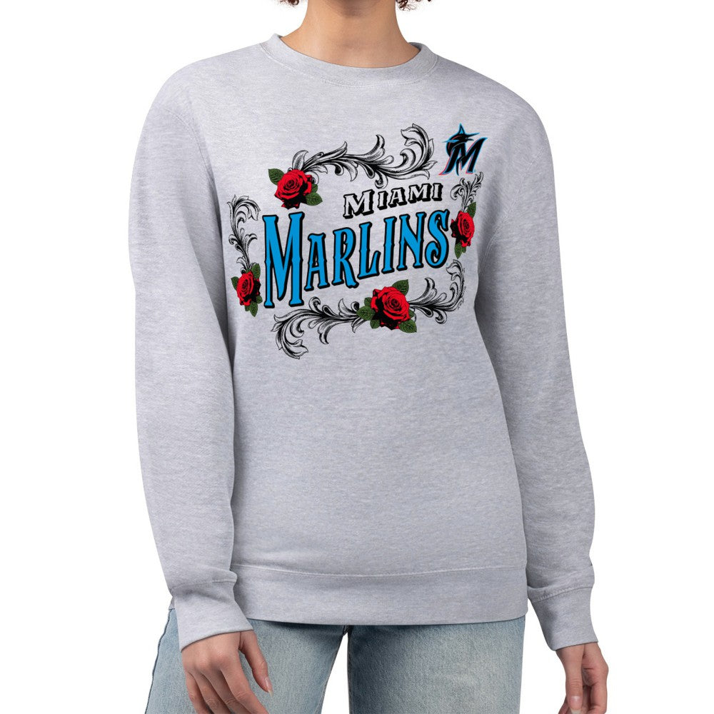 Miami Marlins G-III 4Her by Carl Banks Women's Retro Roses Fleece Pullover Sweatshirt - Gray Pullover
