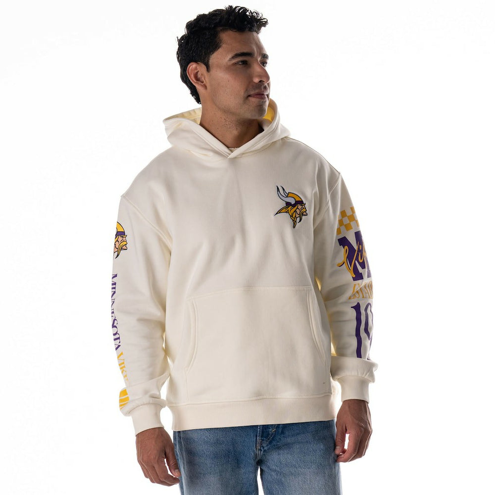Minnesota Vikings The Wild Collective Unisex Stacked Graphic Sleeve Fleece Hoodie - Cream Hoodies