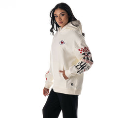 Kansas City Chiefs The Wild Collective Unisex Stacked Graphic Sleeve Fleece Hoodie - Cream Hoodies