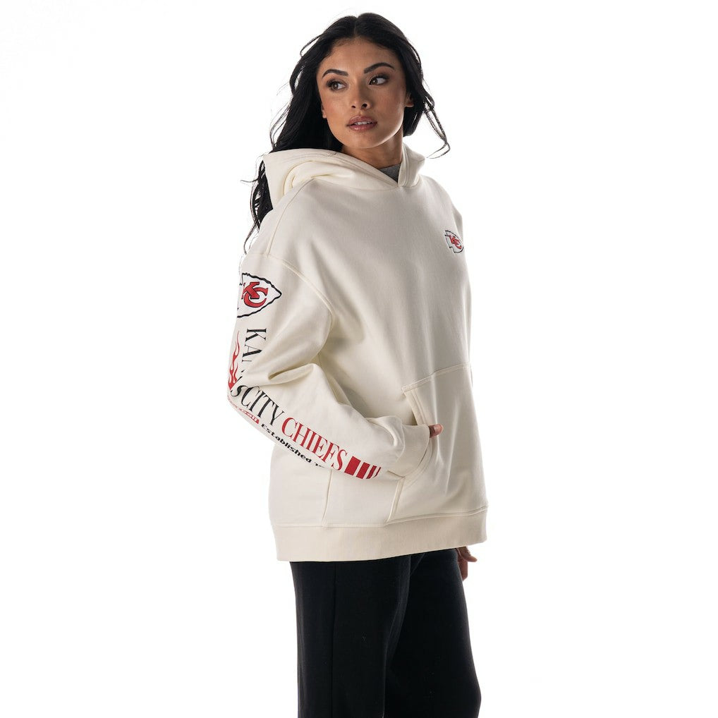 Kansas City Chiefs The Wild Collective Unisex Stacked Graphic Sleeve Fleece Hoodie - Cream Hoodies