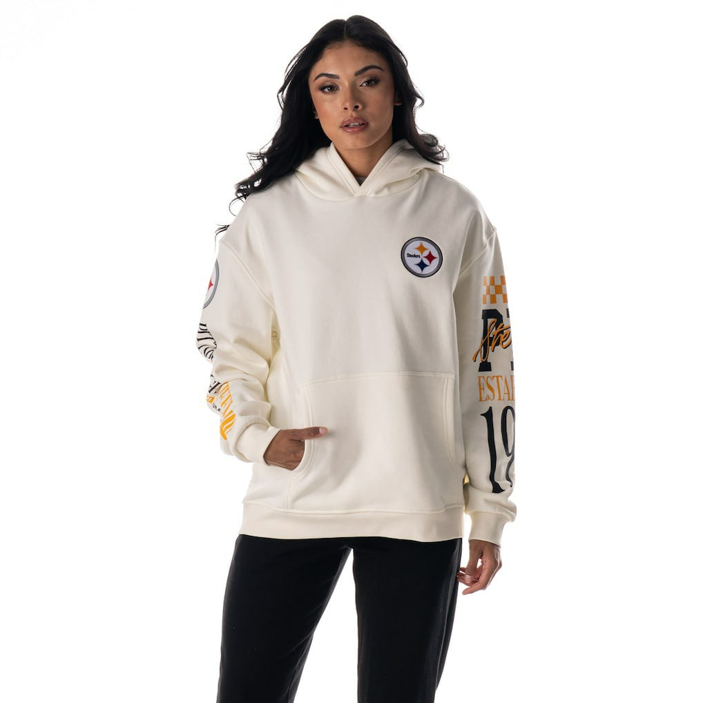 Pittsburgh Steelers The Wild Collective Unisex Stacked Graphic Sleeve Fleece Hoodie - Cream Hoodies