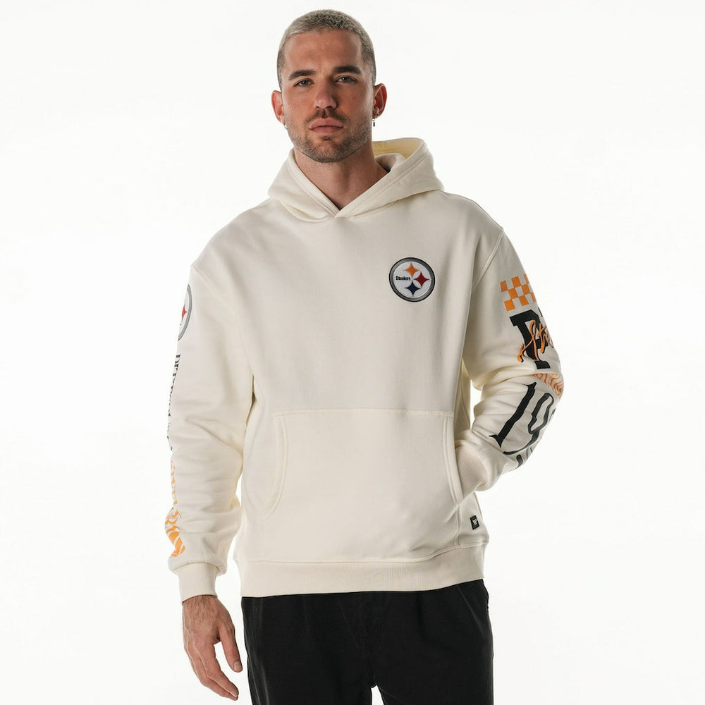 Pittsburgh Steelers The Wild Collective Unisex Stacked Graphic Sleeve Fleece Hoodie - Cream Hoodies