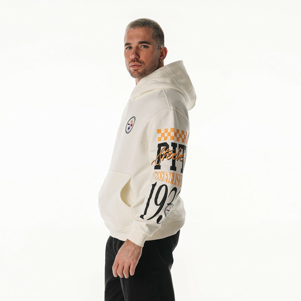 Pittsburgh Steelers The Wild Collective Unisex Stacked Graphic Sleeve Fleece Hoodie - Cream Hoodies
