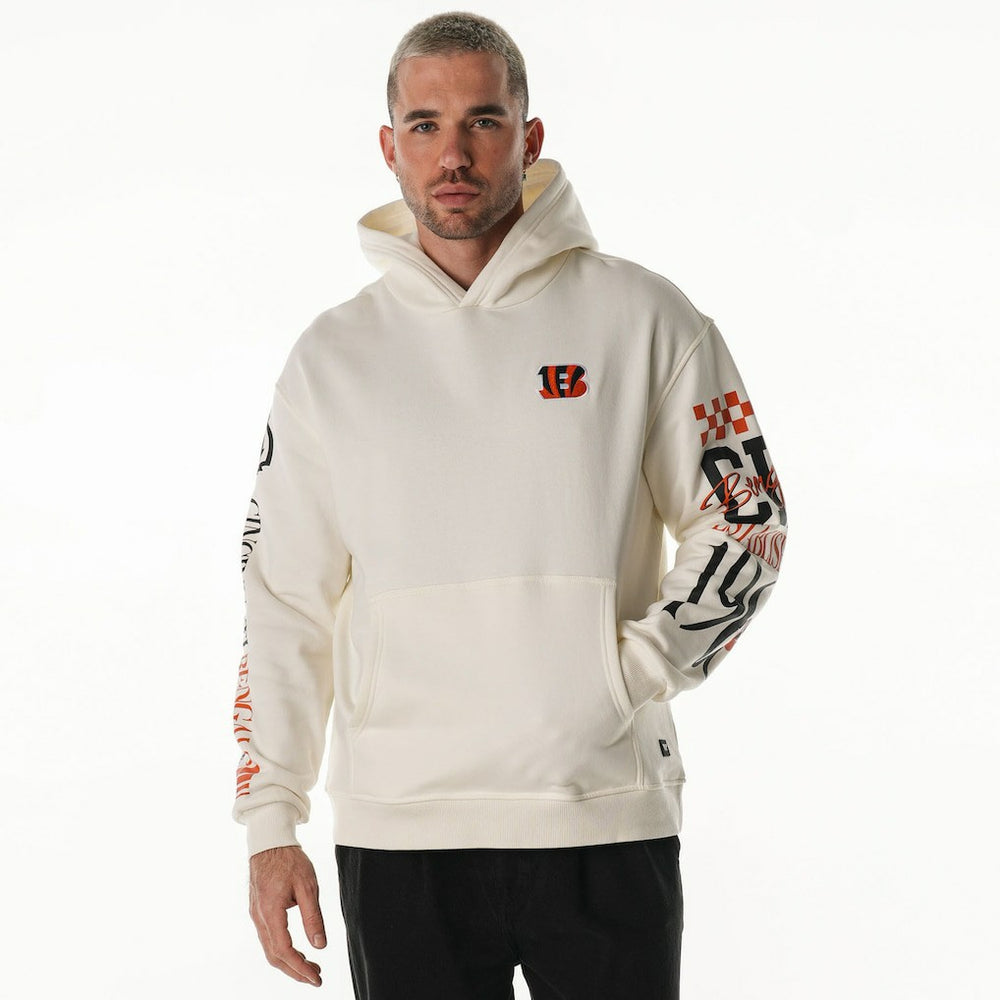 Cincinnati Bengals The Wild Collective Unisex Stacked Graphic Sleeve Fleece Hoodie - Cream Hoodies