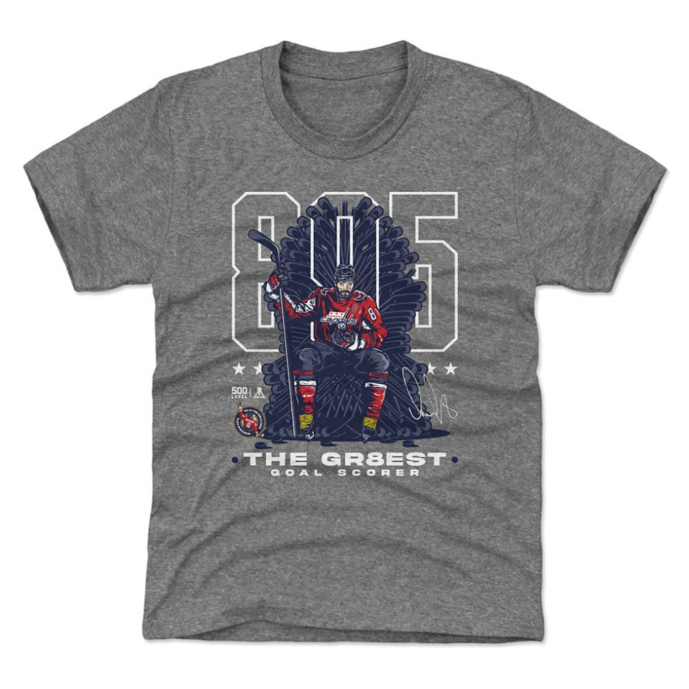 Alexander Ovechkin Washington Capitals 500 Level Youth NHL All-Time Leading Goal Scorer Throne T-Shirt - Gray | US 203089748