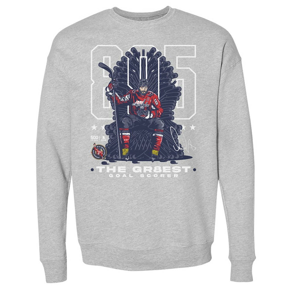 Alexander Ovechkin Washington Capitals 500 Level NHL All-Time Leading Goal Scorer Throne Pullover Sweatshirt - Heather Gray | US 203089752